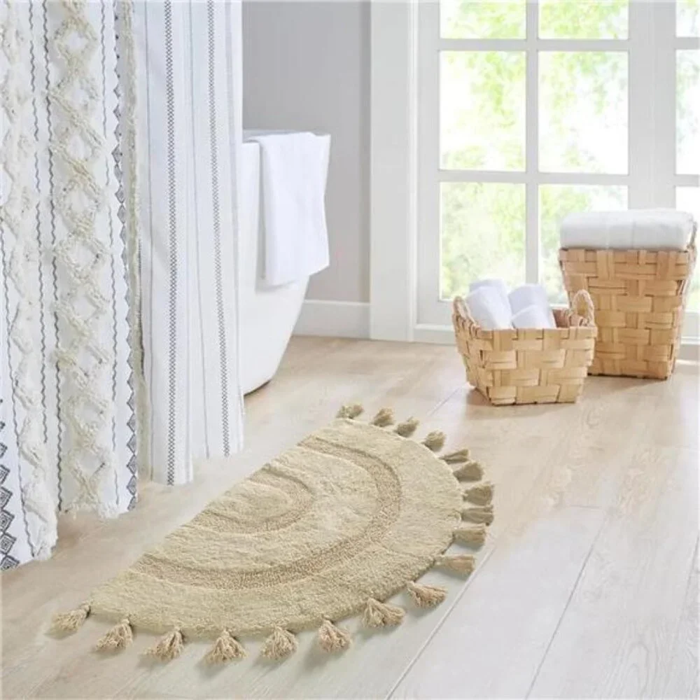 Half Circle Boho Bathroom Rug with Tassels 100% Cotton Hand-Woven